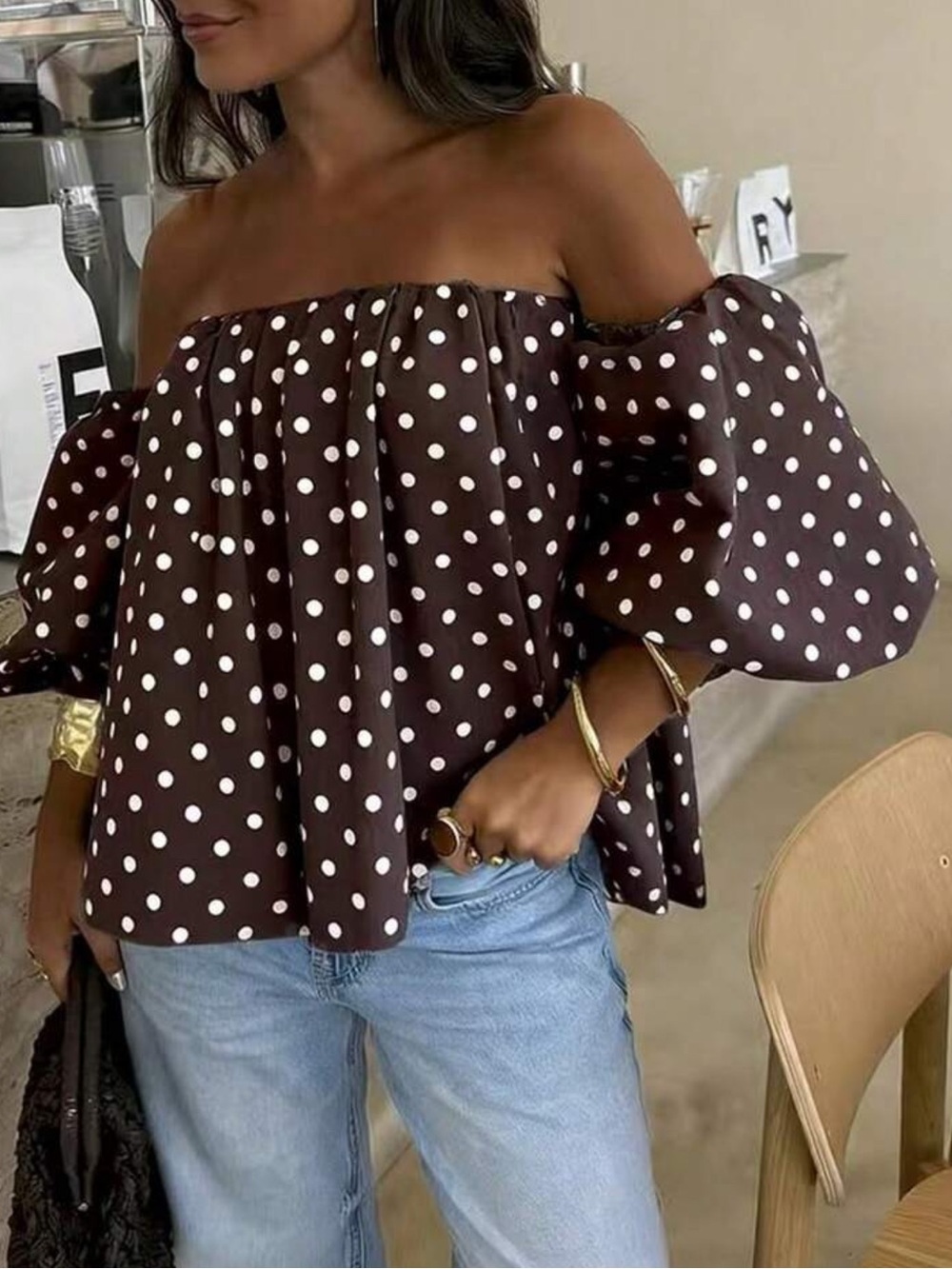 Plus Size Women's Polka Dot Color Woven Fabric Backless Ruffle Off-Shoulder Top, - Picture 3 of 4